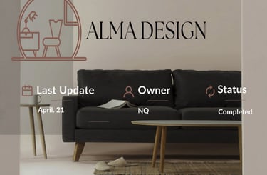Interior design website UI mockup showing a modern living room, brand logo, and project details.