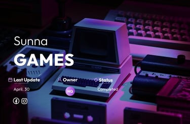 Gaming website UI mockup featuring retro computer equipment and a dark interface.