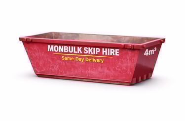 maroon 4m3 skip bin with monbulk skip hire same day delivery on the side in yellow