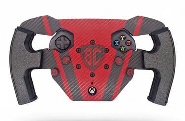 Custom red and black carbon fiber sim racing steering wheel mod for Xbox controllers.
