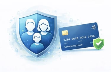 Family payment protection shield with two parents one child Safemoney cloud card parental control secure spending