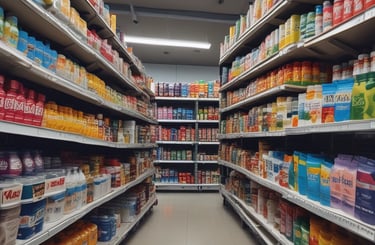 A selection of household essentials like cleaning supplies and toiletries on store shelves.