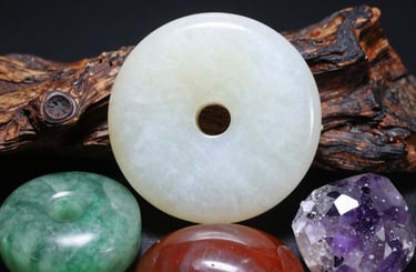 Close-up of elegant jade pendants glowing softly against a light green background.