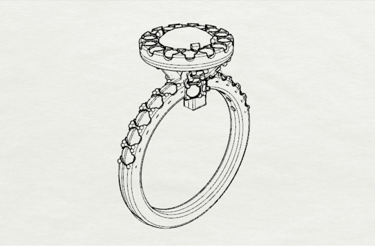 dibujo sketch de anillo de compromiso con halo y diamantes laterales