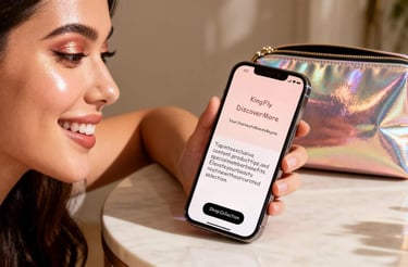 A woman looks happily at her phone after her King Fly cosmetic pouch unlocked exclusive content.