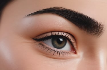 Close-up of perfectly laminated eyebrows with soft natural tint under warm lighting.