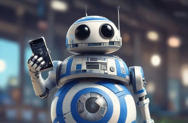 Cute robot holding a cell phone and looking at the reader.