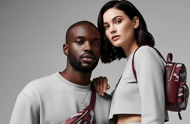 Contemporary photo of an interracial male and female couple in studio  wearing premium clean fashion