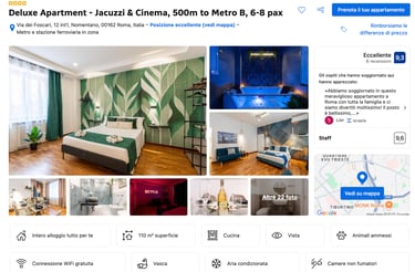 Screenshot di annuncio Booking.com di appartamento a Roma gestito professionalmente per affitti brevi