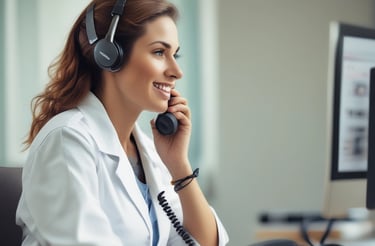 A friendly nurse at a desk with a laptop and paperwork.