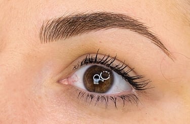 Before and after image displaying a client with brunette microbladed with soft shading.