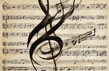 A modern office space with a computer and musical notes.