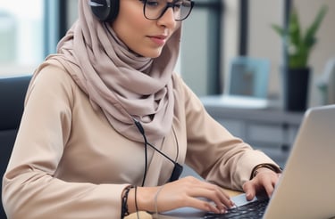 A professional businesswoman smiling while using a laptop in a modern office setting.