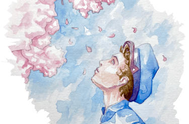 Illustration of a young man in blue at a profile looking up at cherry blossom