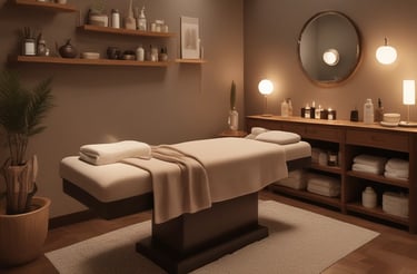 A cozy skincare studio corner with warm neutral tones and soft lighting.