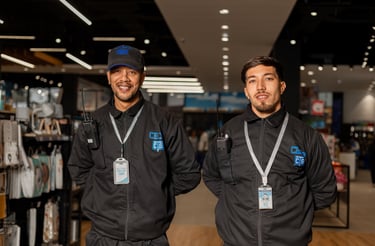 Deux agents de sécurité professionnels à Casablanca assurant la surveillance d’un site.