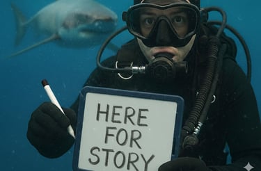 a scuba diver in a diving suit with a signboard