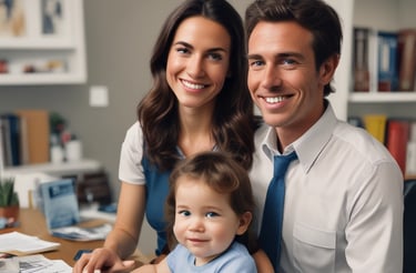 A friendly health benefits specialist smiling while reviewing insurance documents with a client.