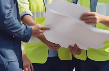 three men in safety vests standing in front of a building