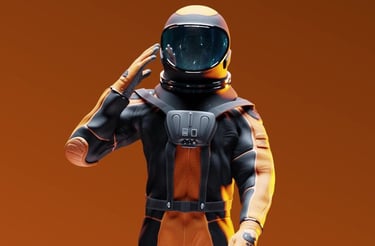 a man in an orange space suit with a helmet on making a salute