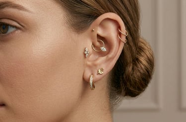 אוזן מעוצבת בסגנון יוקרתי עם פירסינגים מזהב ויהלומים, כולל דאית', טראגוס וחישוקים בתנוך