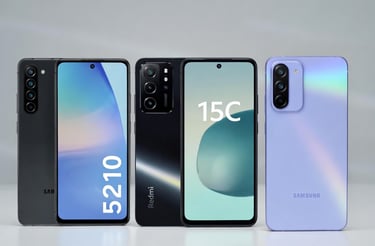 Comparison of Samsung and Redmi smartphones showing front displays and triple camera rear designs.
