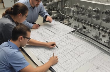 A professional engineer reviewing water treatment plant blueprints with a laptop and technical drawings spread out.