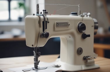 An elegant workspace with burgundy and gold accents and a sewing machine beside fabric samples.
