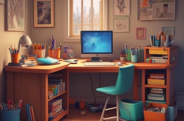 A cozy workspace with a laptop, sketchbooks, and colorful storybook illustrations scattered around.