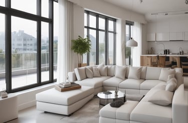 A professional cleaner in a bright, modern Charlotte home, carefully dusting a living room shelf with natural light streaming in.