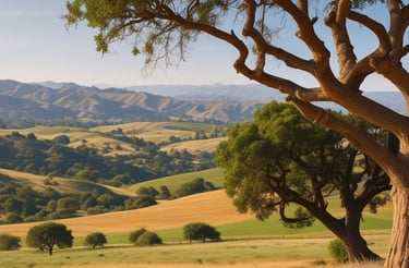 A sunlit office with a laptop, notebook, and a scenic view of the Santa Ynez Valley through the window.