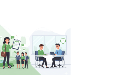 Illustration for Massachusetts I-9 verification service featuring mobile onsite visits with a green