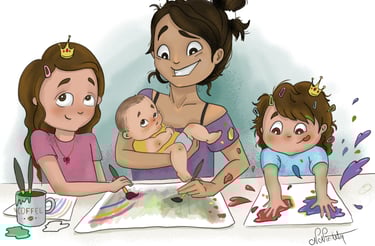 A mother holding a baby while painting and enjoying creative art time with her two young daughters.