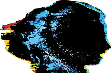 Pop art of face in profile with blue, red and yellow.