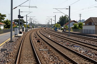 Technician in safety gear inspecting railway overhead lines at sunset.