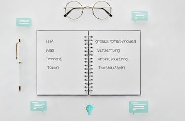 Notizbuch mit Brille und Stift erklärt KI Begriffe LLM, Bias und Prompt in einfacher Alltagssprache