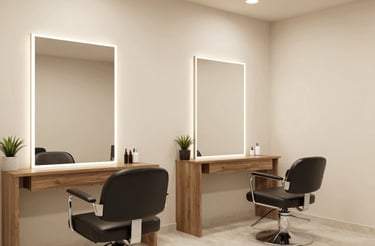 A welcoming salon entrance with soft lighting and elegant decor.