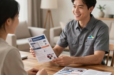 A friendly professional answering a phone call in a bright, clean office