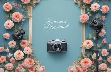 A softly lit vintage camera resting on a wooden table beside a delicate wedding invitation.