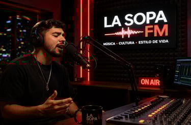 Artist performing live in La Sopa FM radio studio with professional microphone and audio mixer