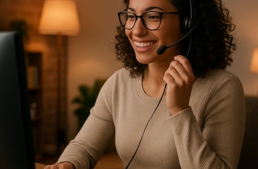 A friendly cleaner in uniform holding cleaning supplies next to a cozy sofa in a bright living room