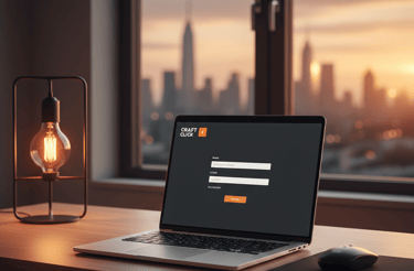 Laptop with login screen on a wooden desk with a lamp and city skyline at sunset.