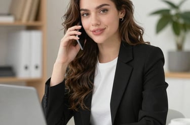 A friendly customer support representative wearing a headset, smiling warmly.