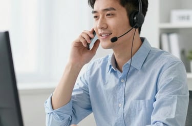 A friendly customer support representative wearing a headset, smiling and ready to assist.