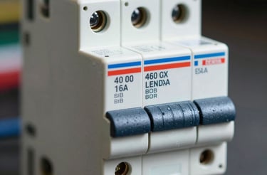 A white triple-pole miniature circuit breaker used for electrical panel overload protection.