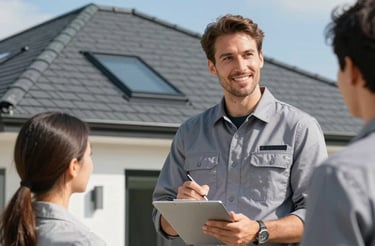 A professional roofing expert shaking hands with a homeowner in front of a modern home under clear blue skies.