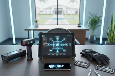 Technical workspace with Logic & Latch smart home hub, Viper Certified and Master Certified patches.