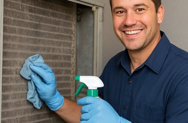 A friendly technician speaking with a homeowner beside a clean air duct system.