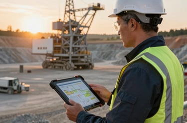 Professional engineer reviewing technical specifications on a digital tablet in an industrial setting.