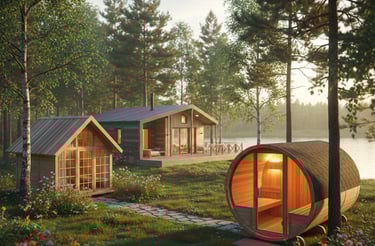 Een sfeervol buitenverblijf met een houten barrelsauna, een prefab tuinhuis en een blokhut in een bosrijke omgeving